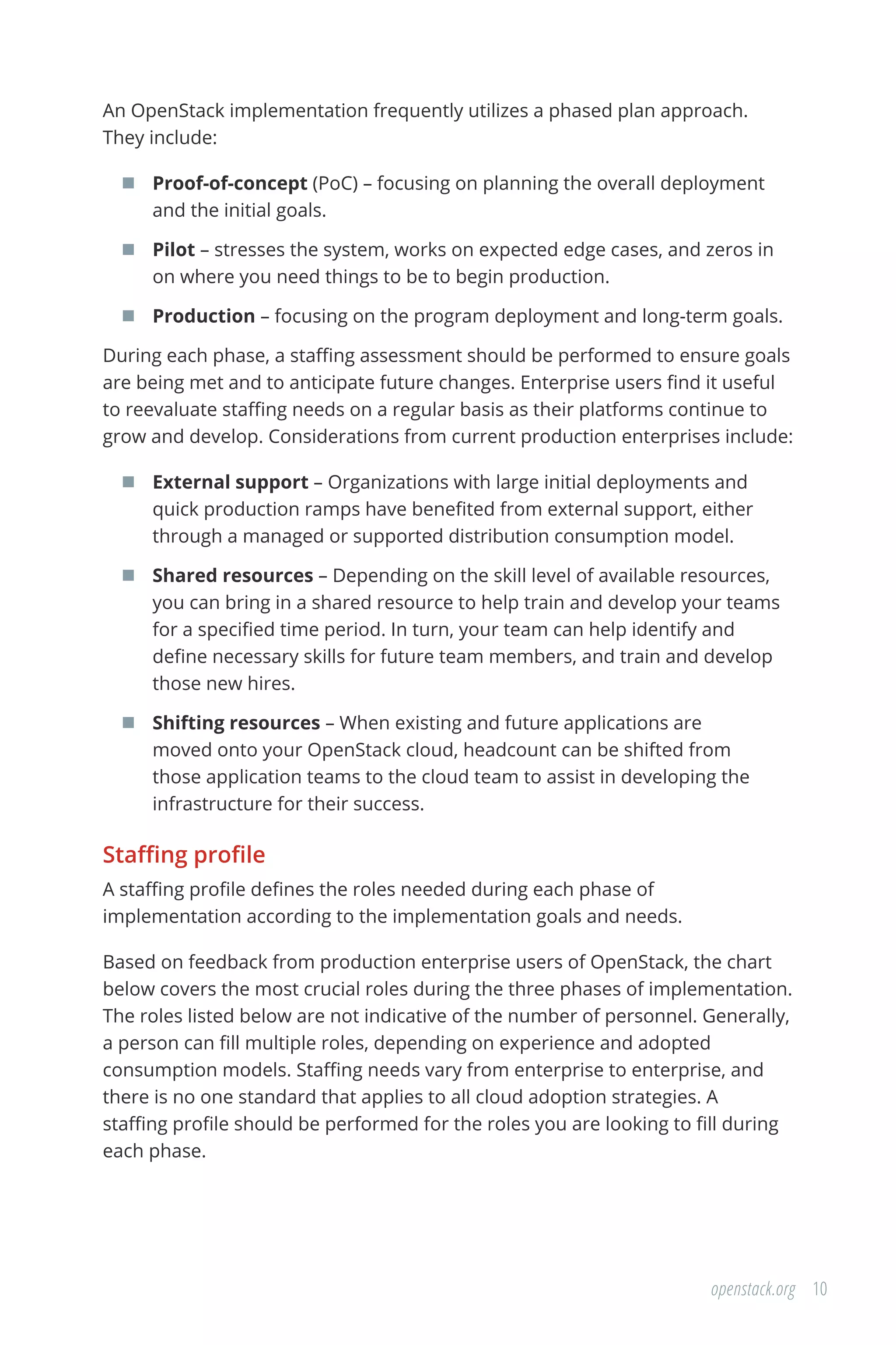 10openstack.org
An OpenStack implementation frequently utilizes a phased plan approach.
They include:
	 Proof-of-concept (PoC) – focusing on planning the overall deployment
and the initial goals.
	 Pilot – stresses the system, works on expected edge cases, and zeros in
on where you need things to be to begin production.
	 Production – focusing on the program deployment and long-term goals.
During each phase, a staffing assessment should be performed to ensure goals
are being met and to anticipate future changes. Enterprise users find it useful
to reevaluate staffing needs on a regular basis as their platforms continue to
grow and develop. Considerations from current production enterprises include:
	 External support – Organizations with large initial deployments and
quick production ramps have benefited from external support, either
through a managed or supported distribution consumption model.
	 Shared resources – Depending on the skill level of available resources,
you can bring in a shared resource to help train and develop your teams
for a specified time period. In turn, your team can help identify and
define necessary skills for future team members, and train and develop
those new hires.
	 Shifting resources – When existing and future applications are
moved onto your OpenStack cloud, headcount can be shifted from
those application teams to the cloud team to assist in developing the
infrastructure for their success.
Staffing profile
A staffing profile defines the roles needed during each phase of
implementation according to the implementation goals and needs.
Based on feedback from production enterprise users of OpenStack, the chart
below covers the most crucial roles during the three phases of implementation.
The roles listed below are not indicative of the number of personnel. Generally,
a person can fill multiple roles, depending on experience and adopted
consumption models. Staffing needs vary from enterprise to enterprise, and
there is no one standard that applies to all cloud adoption strategies. A
staffing profile should be performed for the roles you are looking to fill during
each phase.
 