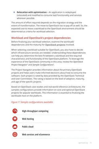19openstack.org
	 Relocation with optimization – An application is redeployed
(relocated) and modified to consume IaaS functionality and services
wherever possible.
The amount of effort required depends on the migration strategy and the
extent of transformation. The move to OpenStack has to pay off as well. So, the
expected cost to move a workload to the OpenStack environment should be
determined as criteria for workload selection.
Workload and OpenStack’s project dependencies
Before finalizing your workload selection, examine the workloads’
dependencies and the maturity for OpenStack projects involved.
When selecting a workload suitable for OpenStack, you also have to decide
which infrastructure services are needed. Understanding these dependencies
can help you determine the best fit between a workload and the required
characteristics and functionality of the OpenStack platform. To leverage the
experience of the OpenStack community in this area, review the OpenStack
Project Navigator5
and Sample Configurations9
.
The Project Navigator provides information about the primary OpenStack
projects and helps users make informed decisions about how to consume the
software. Each project is rated by data provided by the OpenStack Technical
and User Committees. The rating is based on the level of adoption, maturity,
and age of the specific projects.
Based on OpenStack case studies and real-world reference architectures, the
samples configurations provide information on core and optional OpenStack
projects for popular workloads. This information is essential to finalizing the
workloads host on the platform.
Figure 7: Sample configurations available
High-throughput computing
Web hosting
Public cloud
Web services and eCommerce
 