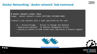 15
$ docker network create –help
Usage: docker network create [OPTIONS] NETWORK-NAME
Creates a new network with a name spe...