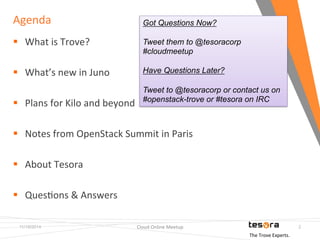 Agenda 
11/19/2014 Cloud 
Online 
Meetup 
2 
§ What 
is 
Trove? 
§ What’s 
new 
in 
Juno 
§ Plans 
for 
Kilo 
and 
beyond 
§ Notes 
from 
OpenStack 
Summit 
in 
Paris 
§ About 
Tesora 
§ QuesFons 
& 
Answers 
Got Questions Now? 
Tweet them to @tesoracorp 
#cloudmeetup 
Have Questions Later? 
Tweet to @tesoracorp or contact us on 
#openstack-trove or #tesora on IRC 
The 
Trove 
Experts. 
 