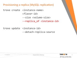 Provisioning 
a 
replica 
(MySQL 
replicaFon) 
11/19/2014 Cloud 
Online 
Meetup 
8 
trove 
create 
<instance-­‐name> 
<flavor-­‐id> 
-­‐-­‐size 
<volume-­‐size> 
-­‐-­‐replica_of 
<instance-­‐id> 
trove 
update 
<instance-­‐id> 
-­‐-­‐detach-­‐replica-­‐source 
All 
Trove, 
all 
the 
Fme. 
 