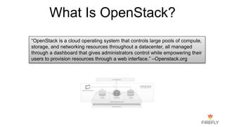 What Is OpenStack?
“OpenStack is a cloud operating system that controls large pools of compute,
storage, and networking resources throughout a datacenter, all managed
through a dashboard that gives administrators control while empowering their
users to provision resources through a web interface.” –Openstack.org
 