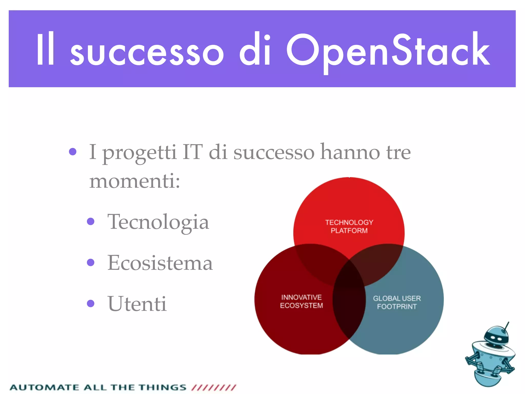 Il successo di OpenStack
• I progetti IT di successo hanno tre
momenti:
• Tecnologia
• Ecosistema
• Utenti
 