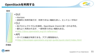 11Copyright©2016 NTT corp. All Rights Reserved.
• GUI
• Horizon
• 直感的に利用可能だが、利用できない機能も多い。エンドユーザ向け
• CLI
• 各プロジェクトでCLIを提供。OpenStack Clientに統一される予定。
• 最もよく利用されるが、一部利用できない機能もある。
• http://docs.openstack.org/cli-reference/
• API
• すべての機能が利用できる。アプリ開発者向け。
• http://developer.openstack.org/api-guide/quick-start/index.html
OpenStackを利用する
簡単
多機能
 