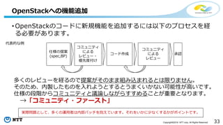33Copyright©2016 NTT corp. All Rights Reserved.
• OpenStackのコードに新規機能を追加するには以下のプロセスを経
る必要があります。
OpenStackへの機能追加
仕様の提案
(spec,BP)
コミュニティ
による
レビュー・
優先度付け
コード作成
コミュニティ
による
レビュー
承認
代表的な例
多くのレビューを経るので提案がそのまま組み込まれるとは限りません。
そのため、内製したものを入れようとするとうまくいかない可能性が高いです。
仕様の段階からコミュニティと議論しながらすすめることが重要となります。
→「コミュニティ・ファースト」
実際問題として、多くの運用者は内部パッチを抱えています。それをいかに少なくするかがポイントです。
 