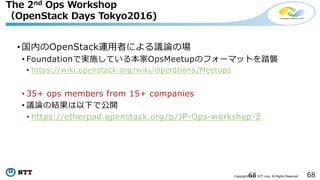 68Copyright©2016 NTT corp. All Rights Reserved.
The 2nd Ops Workshop
（OpenStack Days Tokyo2016)
• 国内のOpenStack運用者による議論の場
• Foundationで実施している本家OpsMeetupのフォーマットを踏襲
• https://wiki.openstack.org/wiki/Operations/Meetups
• 35+ ops members from 15+ companies
• 議論の結果は以下で公開
• https://etherpad.openstack.org/p/JP-Ops-workshop-2
68
 