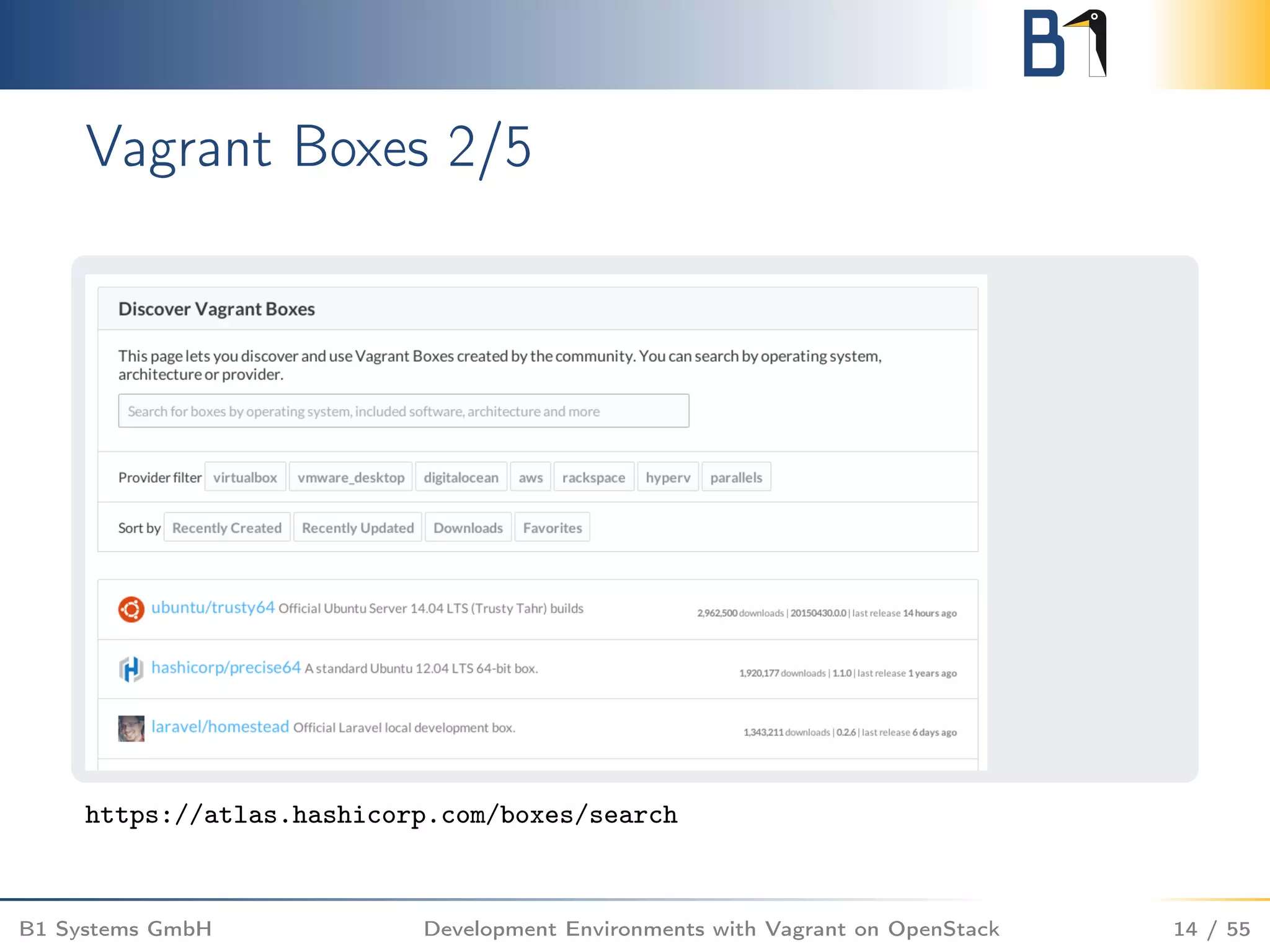 Vagrant Boxes 2/5
https://atlas.hashicorp.com/boxes/search
B1 Systems GmbH Development Environments with Vagrant on OpenStack 14 / 55
 