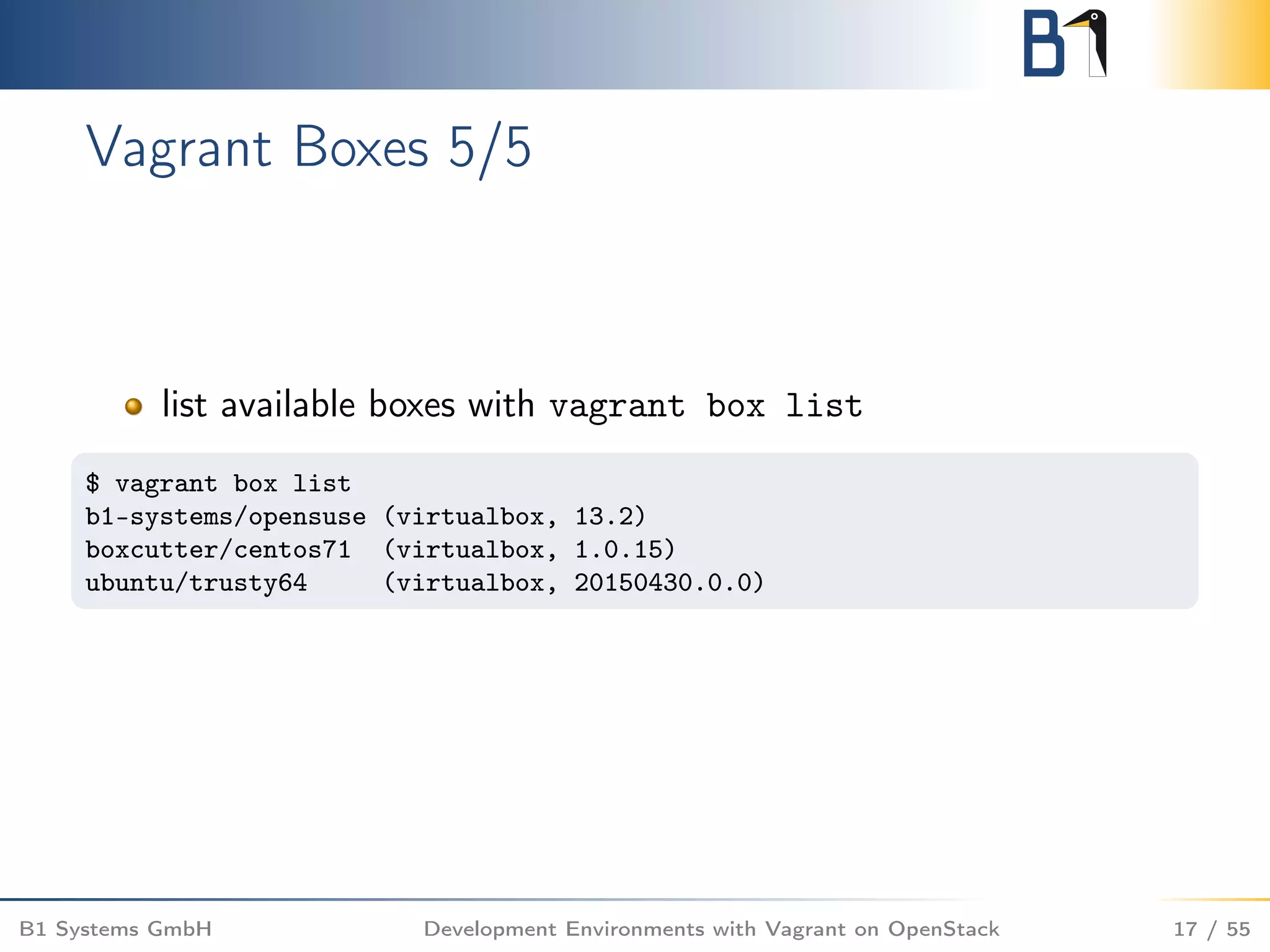 Vagrant Boxes 5/5
list available boxes with vagrant box list
$ vagrant box list
b1-systems/opensuse (virtualbox, 13.2)
boxcutter/centos71 (virtualbox, 1.0.15)
ubuntu/trusty64 (virtualbox, 20150430.0.0)
B1 Systems GmbH Development Environments with Vagrant on OpenStack 17 / 55
 