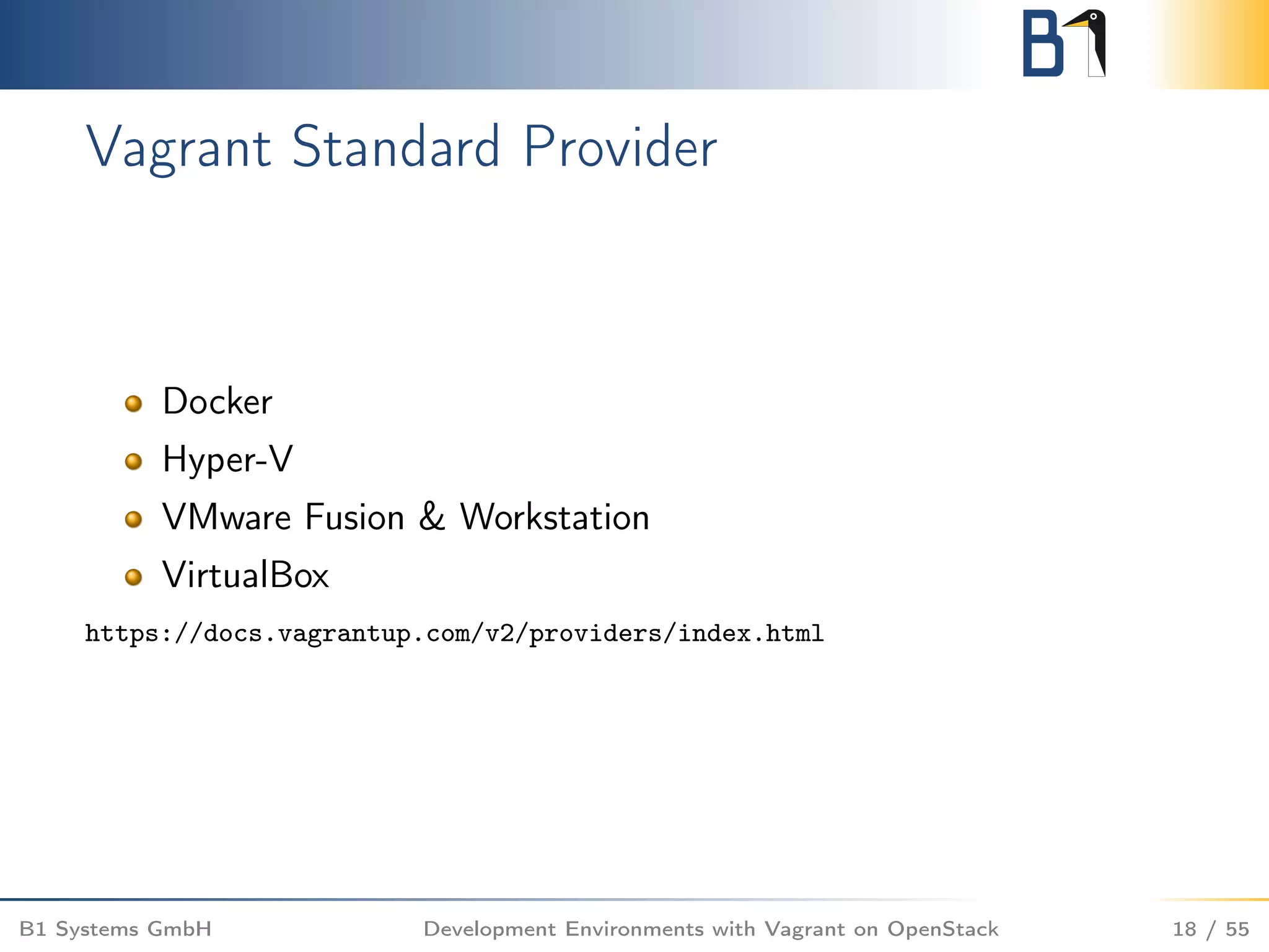 Vagrant Standard Provider
Docker
Hyper-V
VMware Fusion & Workstation
VirtualBox
https://docs.vagrantup.com/v2/providers/index.html
B1 Systems GmbH Development Environments with Vagrant on OpenStack 18 / 55
 