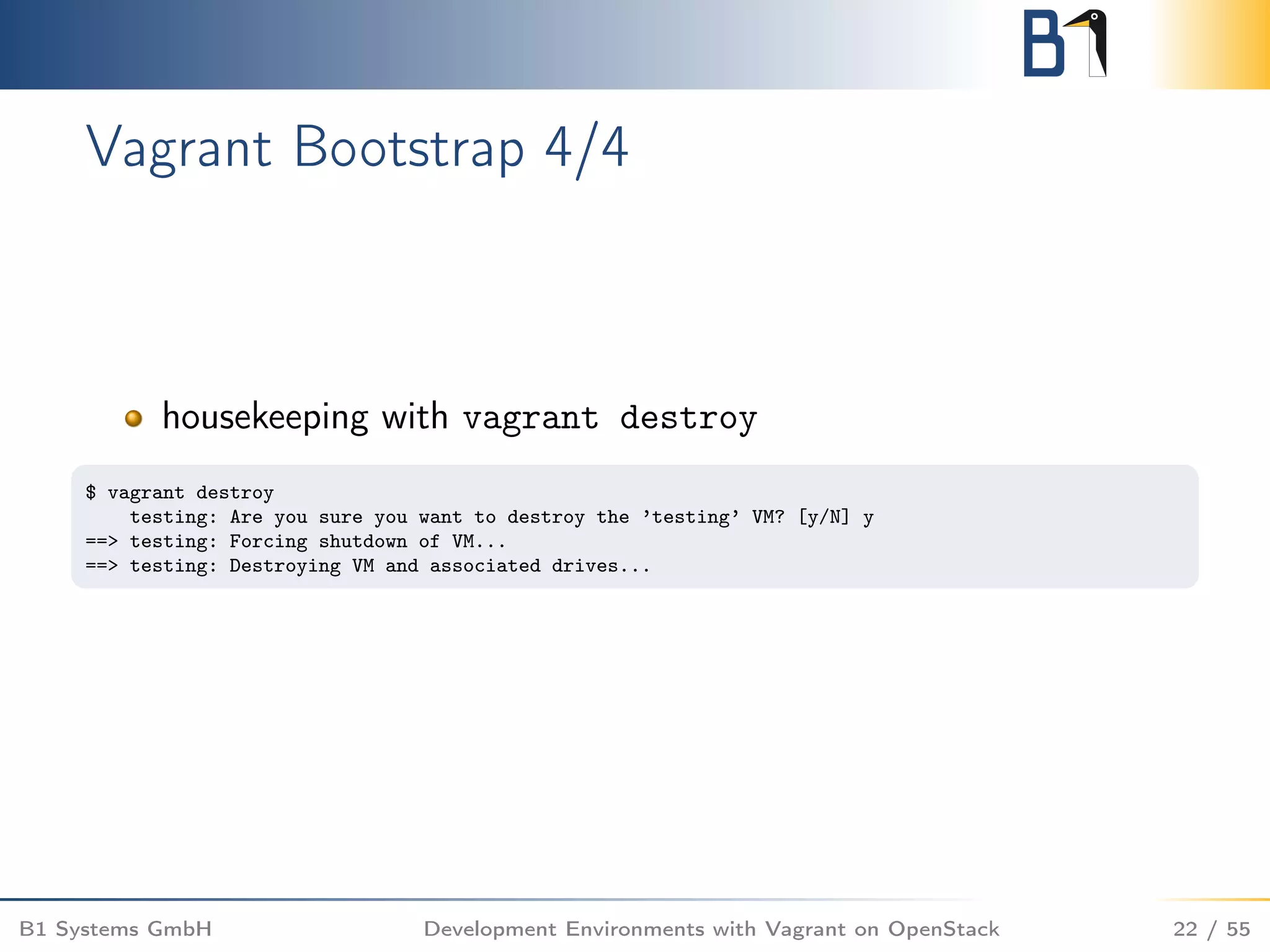 Vagrant Bootstrap 4/4
housekeeping with vagrant destroy
$ vagrant destroy
testing: Are you sure you want to destroy the ’testing’ VM? [y/N] y
==> testing: Forcing shutdown of VM...
==> testing: Destroying VM and associated drives...
B1 Systems GmbH Development Environments with Vagrant on OpenStack 22 / 55
 