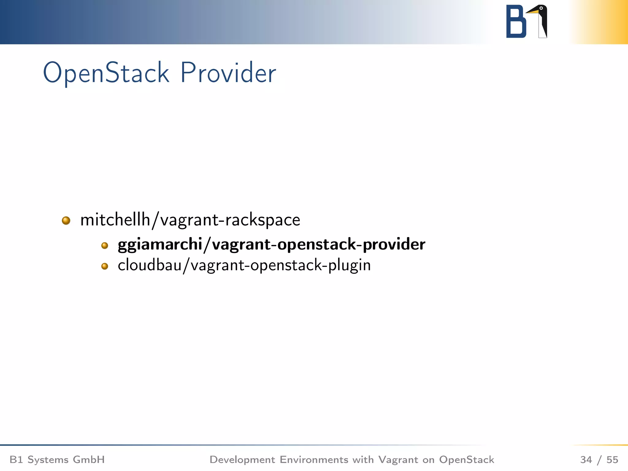 OpenStack Provider
mitchellh/vagrant-rackspace
ggiamarchi/vagrant-openstack-provider
cloudbau/vagrant-openstack-plugin
B1 Systems GmbH Development Environments with Vagrant on OpenStack 34 / 55
 