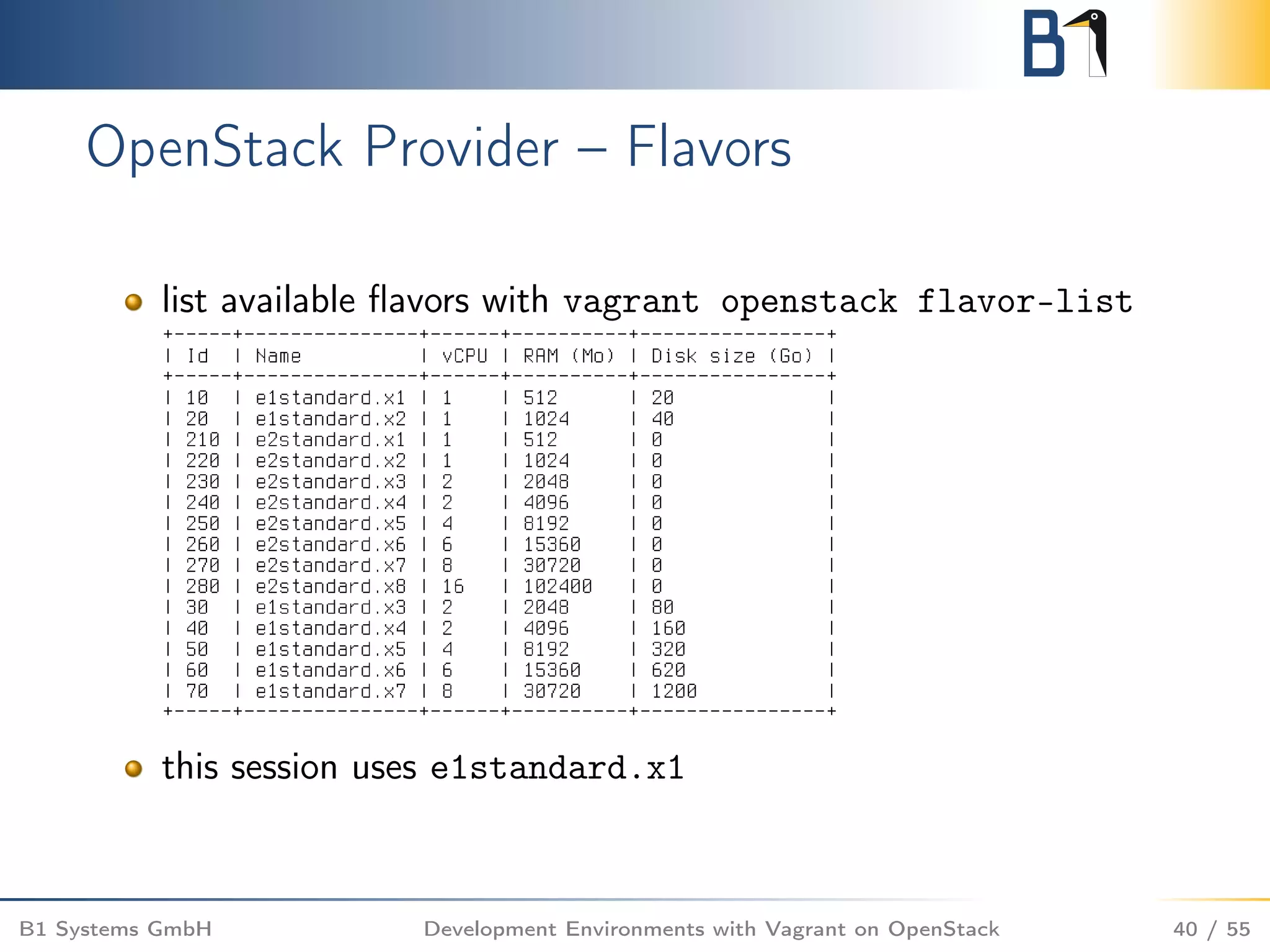 OpenStack Provider – Flavors
list available ﬂavors with vagrant openstack flavor-list
this session uses e1standard.x1
B1 Systems GmbH Development Environments with Vagrant on OpenStack 40 / 55
 