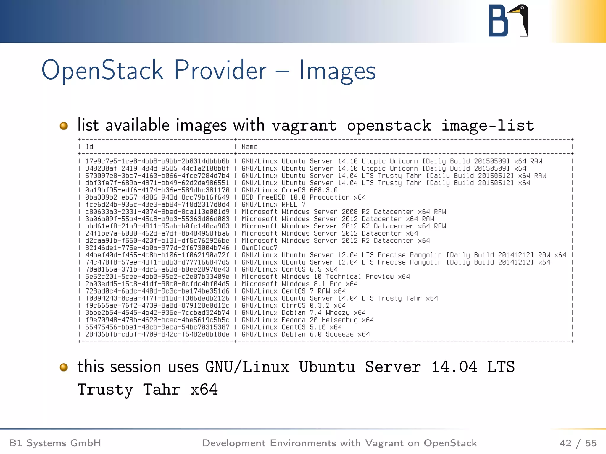 OpenStack Provider – Images
list available images with vagrant openstack image-list
this session uses GNU/Linux Ubuntu Server 14.04 LTS
Trusty Tahr x64
B1 Systems GmbH Development Environments with Vagrant on OpenStack 42 / 55
 