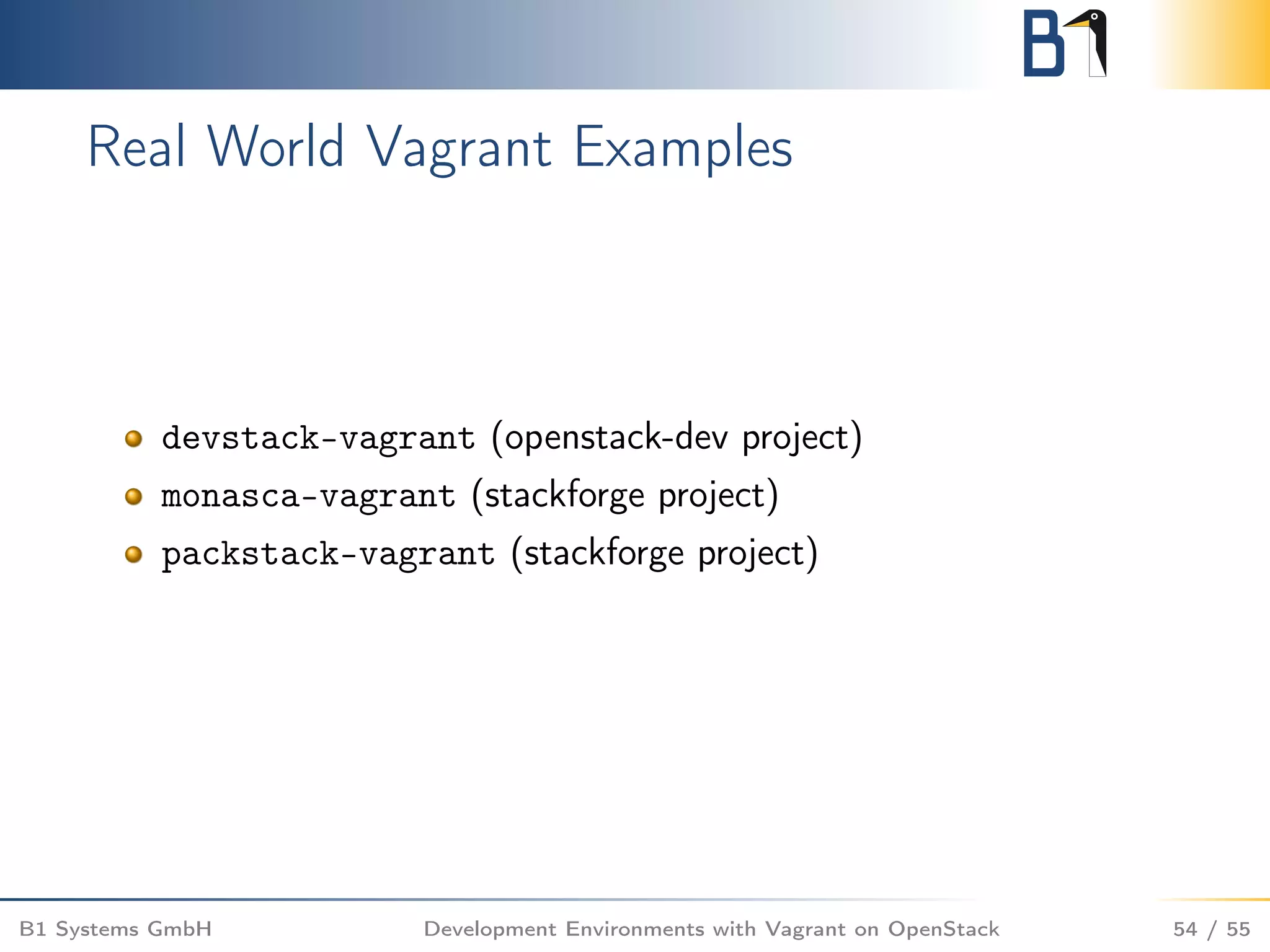 Real World Vagrant Examples
devstack-vagrant (openstack-dev project)
monasca-vagrant (stackforge project)
packstack-vagrant (stackforge project)
B1 Systems GmbH Development Environments with Vagrant on OpenStack 54 / 55
 