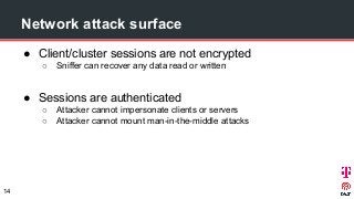 Network attack surface
● Client/cluster sessions are not encrypted
○ Sniffer can recover any data read or written
● Sessions are authenticated
○ Attacker cannot impersonate clients or servers
○ Attacker cannot mount man-in-the-middle attacks
14
 