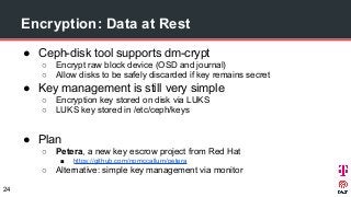Encryption: Data at Rest
● Ceph-disk tool supports dm-crypt
○ Encrypt raw block device (OSD and journal)
○ Allow disks to be safely discarded if key remains secret
● Key management is still very simple
○ Encryption key stored on disk via LUKS
○ LUKS key stored in /etc/ceph/keys
● Plan
○ Petera, a new key escrow project from Red Hat
■ https://github.com/npmccallum/petera
○ Alternative: simple key management via monitor
24
 
