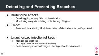 Detecting and Preventing Breaches
● Brute force attacks
○ Good logging of any failed authentication
○ Monitoring easy via existing tools like e.g. Nagios
● To do:
○ Automatic blacklisting IPs/clients after n-failed attempts on Ceph level
● Unauthorized injection of keys
○ Monitor the audit log
■ trigger alerts for auth events -> monitoring
○ Periodic comparison with signed backup of auth database?
30
 
