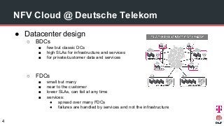 NFV Cloud @ Deutsche Telekom
● Datacenter design
○ BDCs
■ few but classic DCs
■ high SLAs for infrastructure and services
■ for private/customer data and services
○ FDCs
■ small but many
■ near to the customer
■ lower SLAs, can fail at any time
■ services:
● spread over many FDCs
● failures are handled by services and not the infrastructure
4
 