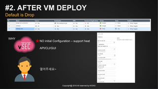 Copyright@ 2018 All reserved by KrDAG
#2. AFTER VM DEPLOY
Default is Drop
WHY
NO initial Configuration – support heat
API/CLI/GUI
열어주세요~
 