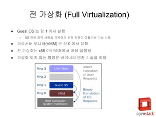 ● Guest OS 는 링 1 에서 실행
○ OS 권한 제약 사항을 극복하기 위해 자원이 에뮬이션 기능 사용
● 가상서버 모니터(VMM) 은 링 0 에서 실행
● 전 가상화는 x86 아키넥처에서 처음 실행됨
● 가상화 되지 않는 명령은 바이너리 변환 기술을 이용
전 가상화 (Full Virtualization)
 