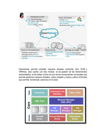 Opennebula permite contralar maquina virtuales mediante: Xen, KVM y
VMWare. Que cuenta con tres módulo, el de gestión de las herramientas
desarrolladas, el de núcleo (Core) es uno de los componentes principales que
permite gestionar maquina virtuales, redes virtuales y nodos y ultimo el Drivers
que permite monitorizar servicios en la nube
 