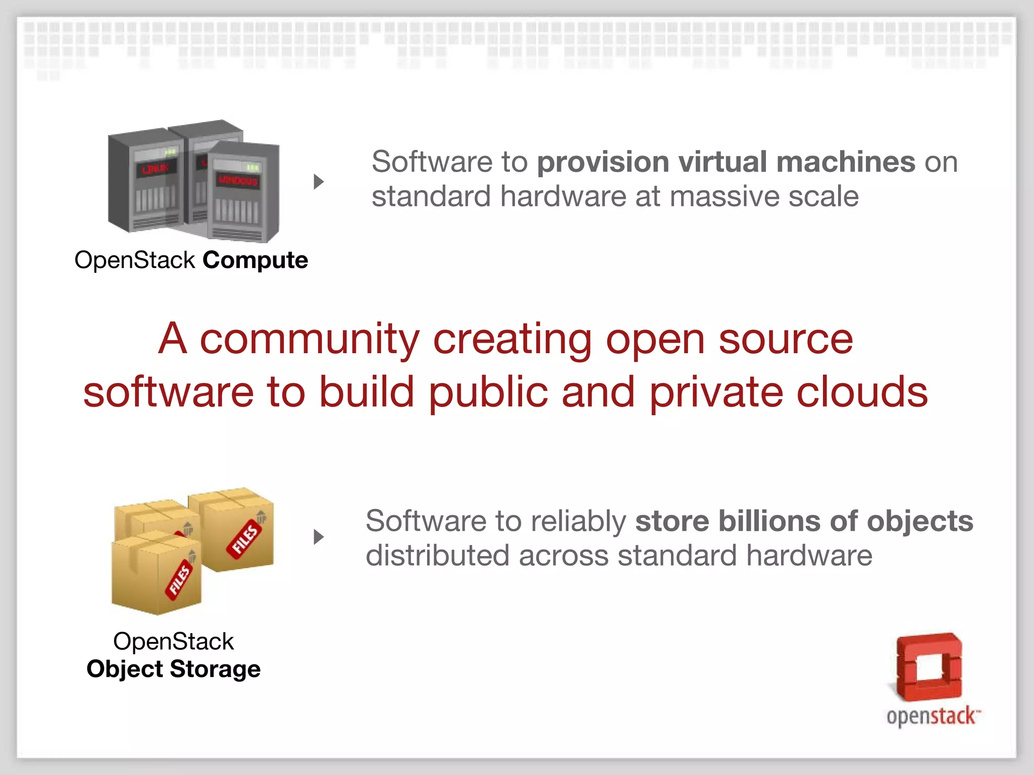 Software to  provision virtual machines  on standard hardware at massive scale Software to reliably  store billions of objects  distributed across standard hardware OpenStack  Compute   OpenStack  Object Storage   A community creating open source software to build public and private clouds 