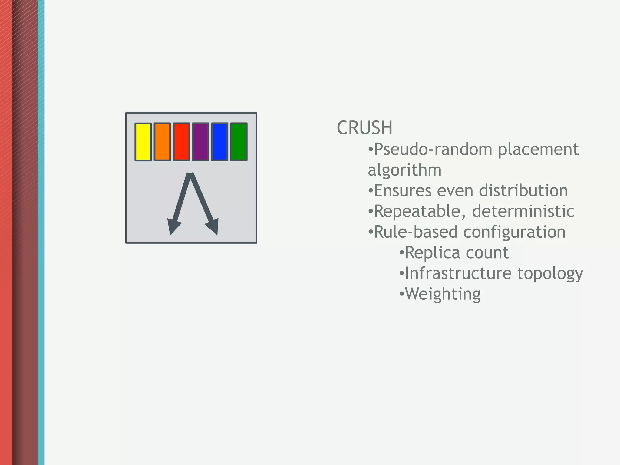 CRUSH
  • Pseudo-random placement
  algorithm
  • Ensures even distribution
  • Repeatable, deterministic
  • Rule-based configuration
       • Replica count
       • Infrastructure topology
       • Weighting
 