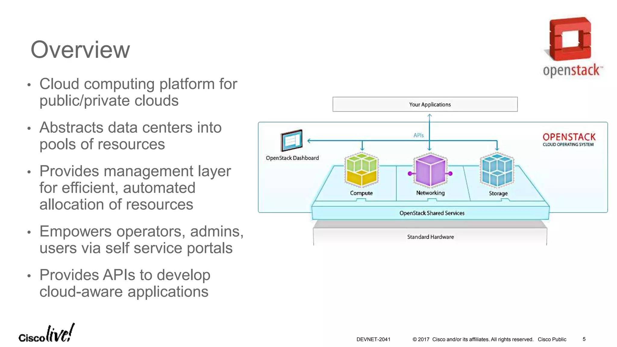 © 2017 Cisco and/or its affiliates. All rights reserved. Cisco Public
Overview
• Cloud computing platform for
public/private clouds
• Abstracts data centers into
pools of resources
• Provides management layer
for efficient, automated
allocation of resources
• Empowers operators, admins,
users via self service portals
• Provides APIs to develop
cloud-aware applications
DEVNET-2041 5
 
