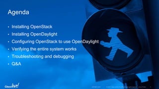 • Installing OpenStack
• Installing OpenDaylight
• Configuring OpenStack to use OpenDaylight
• Verifying the entire system works
• Troubleshooting and debugging
• Q&A
Agenda
 