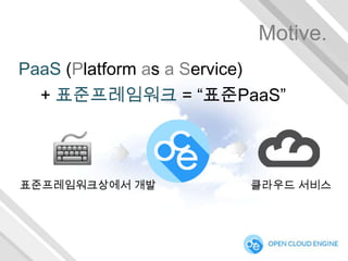 Motive.
PaaS (Platform as a Service)

+ 표준프레임워크 = “표준PaaS”

표준프레임워크상에서 개발

클라우드 서비스

 