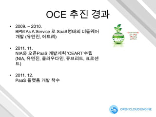 OCE 추진 경과
• 2009. ~ 2010.
BPM As A Service 로 SaaS형태의 미들웨어
개발 (유엔진, 에트리)
• 2011. 11.
NIA와 오픈PaaS 개발계획 „CEART‟수립
(NIA, 유엔진, 클라우다인, 큐브리드, 크로센
트)
• 2011. 12.
PaaS 플랫폼 개발 착수

Cloud-based Egov & App
bReeding
plaTform

 