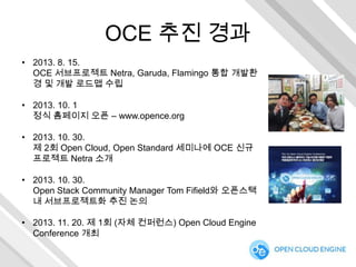 OCE 추진 경과
• 2013. 8. 15.
OCE 서브프로젝트 Netra, Garuda, Flamingo 통합 개발환
경 및 개발 로드맵 수립
• 2013. 10. 1
정식 홈페이지 오픈 – www.opence.org
• 2013. 10. 30.
제 2회 Open Cloud, Open Standard 세미나에 OCE 신규
프로젝트 Netra 소개
• 2013. 10. 30.
Open Stack Community Manager Tom Fifield와 오픈스택
내 서브프로젝트화 추진 논의
• 2013. 11. 20. 제 1회 (자체 컨퍼런스) Open Cloud Engine
Conference 개최

 