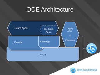 OCE Architecture
Future Apps.

Big Data
Apps.

Legacy
Apps.
&

Garuda

Flamingo

Netra

Extensions

 