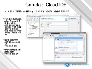 Garuda : Cloud IDE
 표준 프레임워크 (이클립스) 기반의 개발 / 디버깅 / 개발자 협업 도구:
 기존 표준 프레임워크
(eGov Frmwk)의 확
장 플러그인으
• 기존 표준 프레임워크
기반에서 개발한 제품을
클라우드 전환 용이
• 표준 프레임워크의 다양
한 개발 지원 도구 재사
용

 개발자 지원 도구

• 마켓플레이스, ALM접
근
• 워크리스트 컨셉

 데이터 전자정부 1위
브랜드 밸류
• 해외시장 접근 전략

 