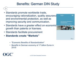 OGC
®
Benefits: German DIN Study
• Standards promote worldwide trade,
encouraging rationalization, quality assurance
and environmental protection, as well as
improving security and communication.
• Standards have a greater effect on economic
growth than patents or licenses.
• Standards facilitate procurement
• Standards create “Markets”
• "Economic Benefits of Standardization"
• Benefits to German economy of 17 billion Euros in
2010!
(c) 2015 Open Geospatial Consortium
 