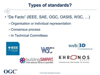 OGC
®
Types of standards?
• “De Facto” (IEEE, SAE, OGC, OASIS, W3C, …)
– Organisation or individual representation
– Consensus process
– In Technical Committees
© 2015 Open Geospatial Consortium
 