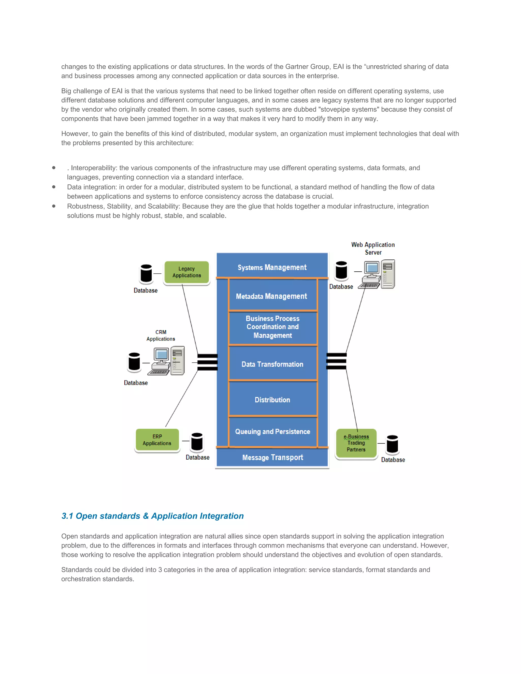 changes to the existing applications or data structures. In the words of the Gartner Group, EAI is the “unrestricted sharing of data
and business processes among any connected application or data sources in the enterprise.
Big challenge of EAI is that the various systems that need to be linked together often reside on different operating systems, use
different database solutions and different computer languages, and in some cases are legacy systems that are no longer supported
by the vendor who originally created them. In some cases, such systems are dubbed "stovepipe systems" because they consist of
components that have been jammed together in a way that makes it very hard to modify them in any way.
However, to gain the benefits of this kind of distributed, modular system, an organization must implement technologies that deal with
the problems presented by this architecture:

. Interoperability: the various components of the infrastructure may use different operating systems, data formats, and
languages, preventing connection via a standard interface.
Data integration: in order for a modular, distributed system to be functional, a standard method of handling the flow of data
between applications and systems to enforce consistency across the database is crucial.
Robustness, Stability, and Scalability: Because they are the glue that holds together a modular infrastructure, integration
solutions must be highly robust, stable, and scalable.

3.1 Open standards & Application Integration
Open standards and application integration are natural allies since open standards support in solving the application integration
problem, due to the differences in formats and interfaces through common mechanisms that everyone can understand. However,
those working to resolve the application integration problem should understand the objectives and evolution of open standards.
Standards could be divided into 3 categories in the area of application integration: service standards, format standards and
orchestration standards.

 