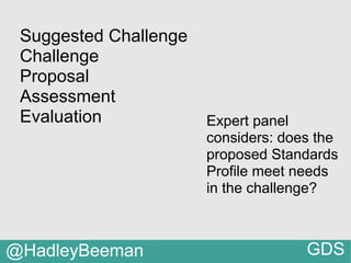 Suggested Challenge
Challenge
Proposal
Assessment
Evaluation
Decision
Implementation
●●GDS
Open Standards
Board decides
wh...