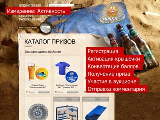 Измерение: Активность




                        Регистрация
                        Активация крышечки
                        Конвертация баллов
                        Получение приза
                        Участие в аукционе
                        Отправка комментария
 