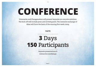 CONFERENCE
Visionaries and Changemakers will present keynotes on concrete solutions.
The kick-off will include press and invited guests. The intensive exchange of
          ideas will form the basis of the ensuing five-week camp.



                                   FACTS




              3 Days
          150 Participants
                          Keynote presentations &
                           interactive workshops




                                    PAGE 5
 