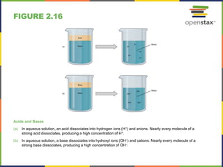FIGURE 2.16
Acids and Bases
(a) In aqueous solution, an acid dissociates into hydrogen ions (H+) and anions. Nearly every molecule of a
strong acid dissociates, producing a high concentration of H+.
(b) In aqueous solution, a base dissociates into hydroxyl ions (OH–) and cations. Nearly every molecule of a
strong base dissociates, producing a high concentration of OH–.
 