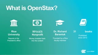 Rice
University
Reports to the
President’s office
501(c)(3)
Nonprofit
Money invested back
into the content
Dr. Richard
Bar...