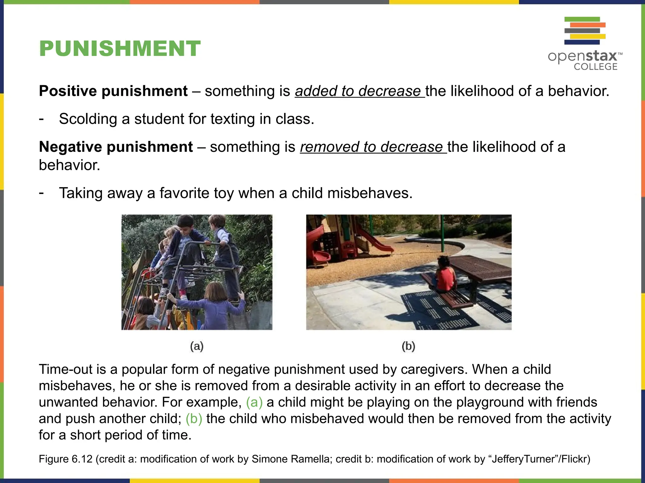 PUNISHMENT
Time-out is a popular form of negative punishment used by caregivers. When a child
misbehaves, he or she is removed from a desirable activity in an effort to decrease the
unwanted behavior. For example, (a) a child might be playing on the playground with friends
and push another child; (b) the child who misbehaved would then be removed from the activity
for a short period of time.
Figure 6.12 (credit a: modification of work by Simone Ramella; credit b: modification of work by “JefferyTurner”/Flickr)
Positive punishment – something is added to decrease the likelihood of a behavior.
- Scolding a student for texting in class.
Negative punishment – something is removed to decrease the likelihood of a
behavior.
- Taking away a favorite toy when a child misbehaves.
 