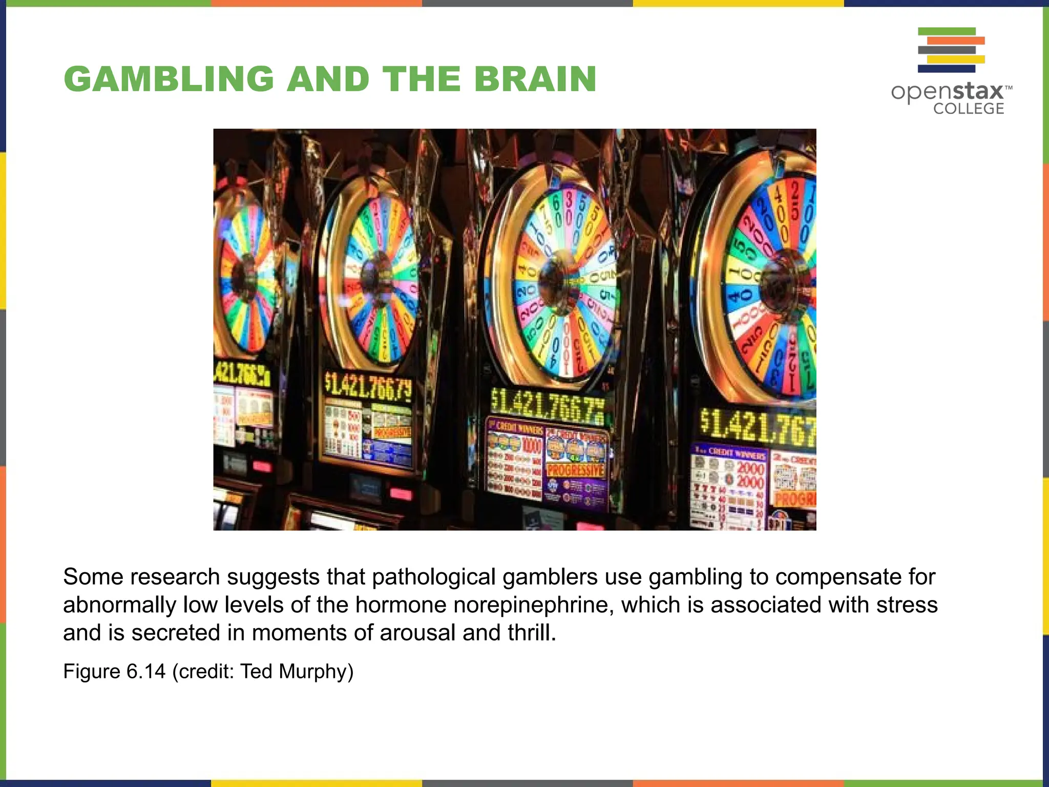 GAMBLING AND THE BRAIN
Some research suggests that pathological gamblers use gambling to compensate for
abnormally low levels of the hormone norepinephrine, which is associated with stress
and is secreted in moments of arousal and thrill.
Figure 6.14 (credit: Ted Murphy)
 