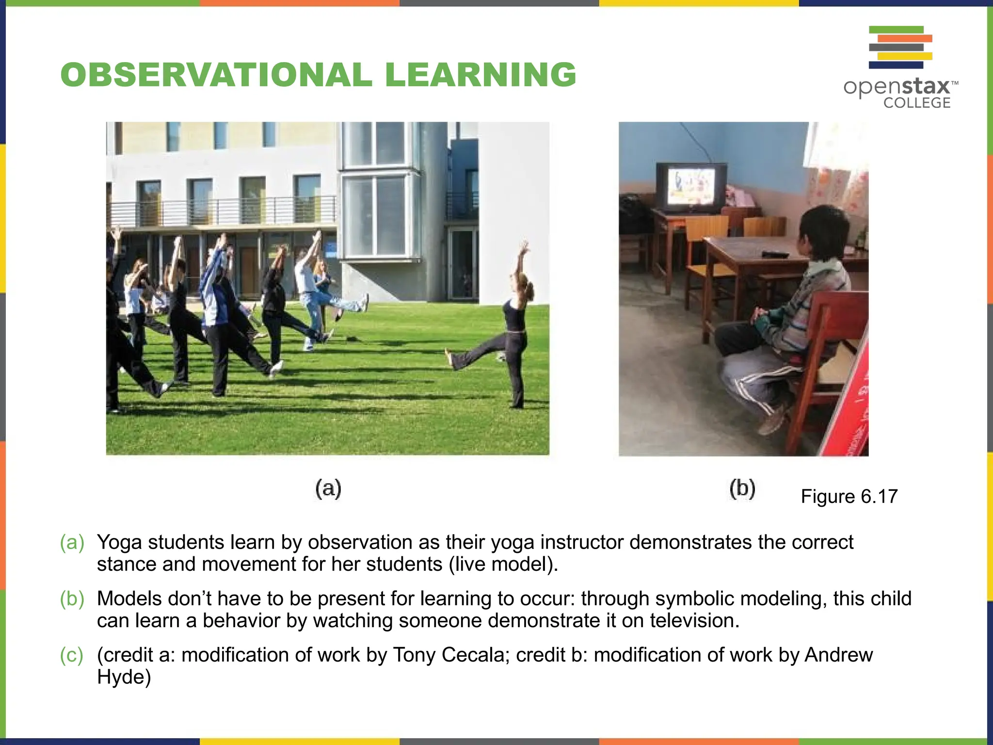 OBSERVATIONAL LEARNING
(a) Yoga students learn by observation as their yoga instructor demonstrates the correct
stance and movement for her students (live model).
(b) Models don’t have to be present for learning to occur: through symbolic modeling, this child
can learn a behavior by watching someone demonstrate it on television.
(c) (credit a: modification of work by Tony Cecala; credit b: modification of work by Andrew
Hyde)
Figure 6.17
 