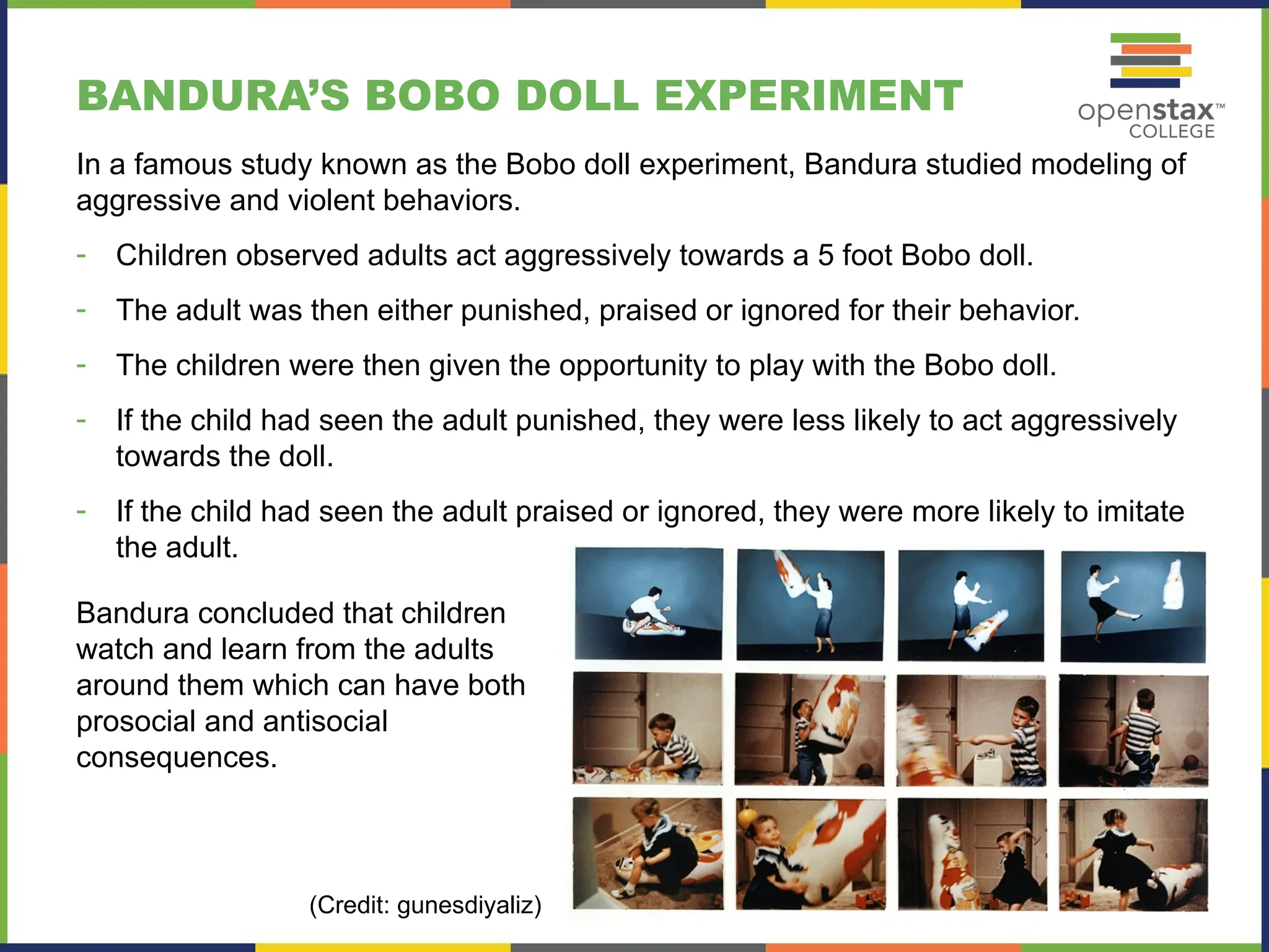 BANDURA’S BOBO DOLL EXPERIMENT
In a famous study known as the Bobo doll experiment, Bandura studied modeling of
aggressive and violent behaviors.
- Children observed adults act aggressively towards a 5 foot Bobo doll.
- The adult was then either punished, praised or ignored for their behavior.
- The children were then given the opportunity to play with the Bobo doll.
- If the child had seen the adult punished, they were less likely to act aggressively
towards the doll.
- If the child had seen the adult praised or ignored, they were more likely to imitate
the adult.
(Credit: gunesdiyaliz)
Bandura concluded that children
watch and learn from the adults
around them which can have both
prosocial and antisocial
consequences.
 