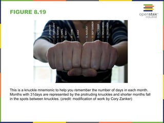 FIGURE 8.19
This is a knuckle mnemonic to help you remember the number of days in each month.
Months with 31days are represented by the protruding knuckles and shorter months fall
in the spots between knuckles. (credit: modification of work by Cory Zanker)
 