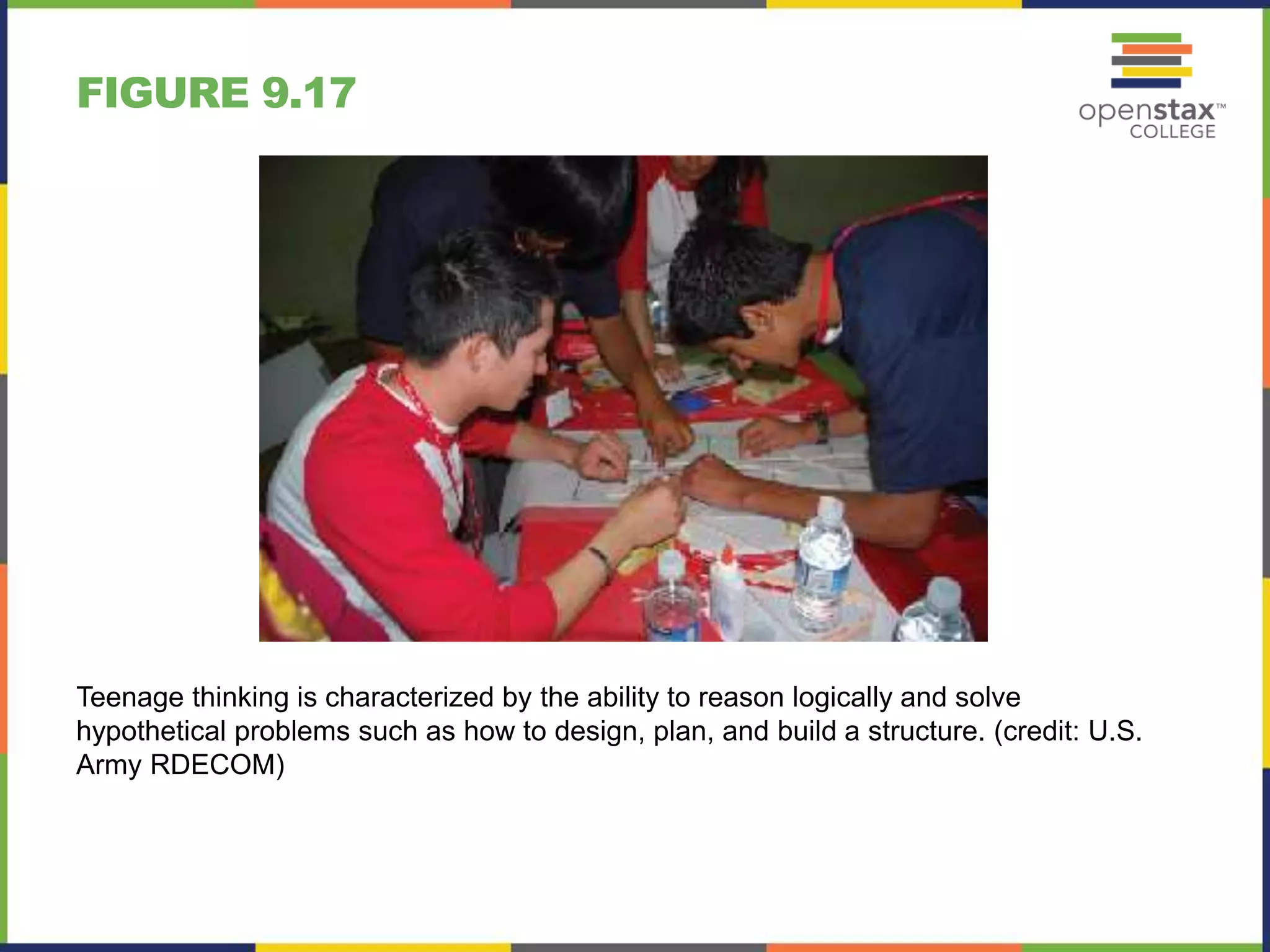 FIGURE 9.17
Teenage thinking is characterized by the ability to reason logically and solve
hypothetical problems such as how to design, plan, and build a structure. (credit: U.S.
Army RDECOM)
 