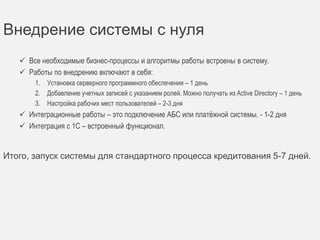 Архитектура решения 
АРМ Менеджера АРМ Специалиста АРМ Руководителя 
АРМ Аналитика АРМ Коллектора 
Кредитный конвейер 
АБС 
(ЦФТ, Диасофт) 
CRM BI 
Система внешнего 
клиентского скоринга (FICO, 
SAS, CRIF, Experian) 
Бюро кредитных историй 
(Эквифакс, 
ВБКИ, НБКИ, ОКБ) 
АТС (телефония) 
 
