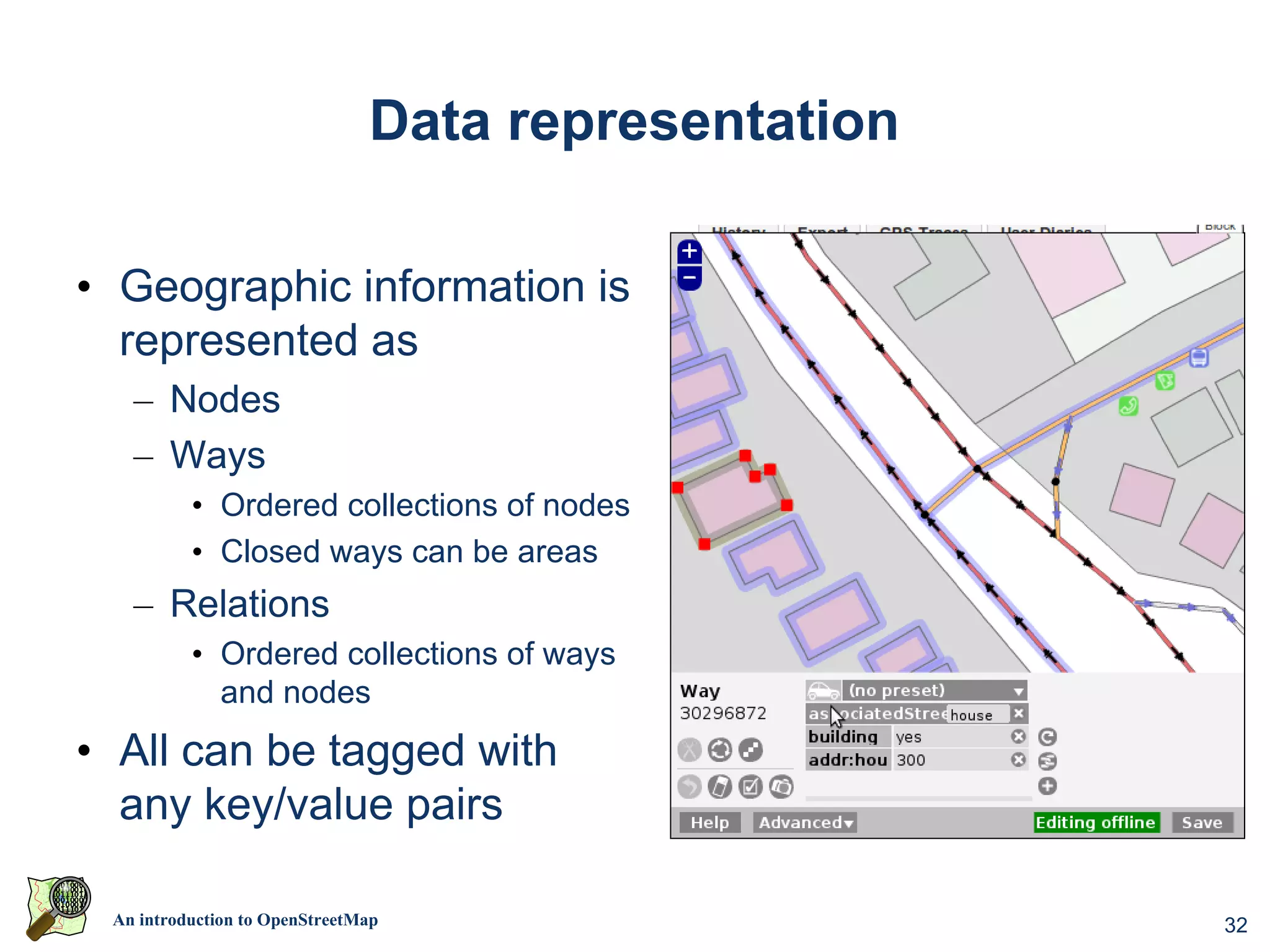 Data representation

• Geographic information is
  represented as
   – Nodes
   – Ways
          • Ordered collections of nodes
          • Closed ways can be areas
   – Relations
          • Ordered collections of ways
            and nodes
• All can be tagged with
  any key/value pairs

 An introduction to OpenStreetMap                    32
 